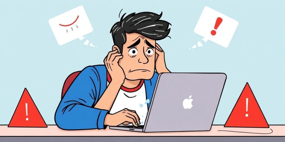 Online alışveriş deneyiminden hayal kırıklığına uğramış bir kişi, kırık dizüstü bilgisayar, kırmızı uyarı işaretleri